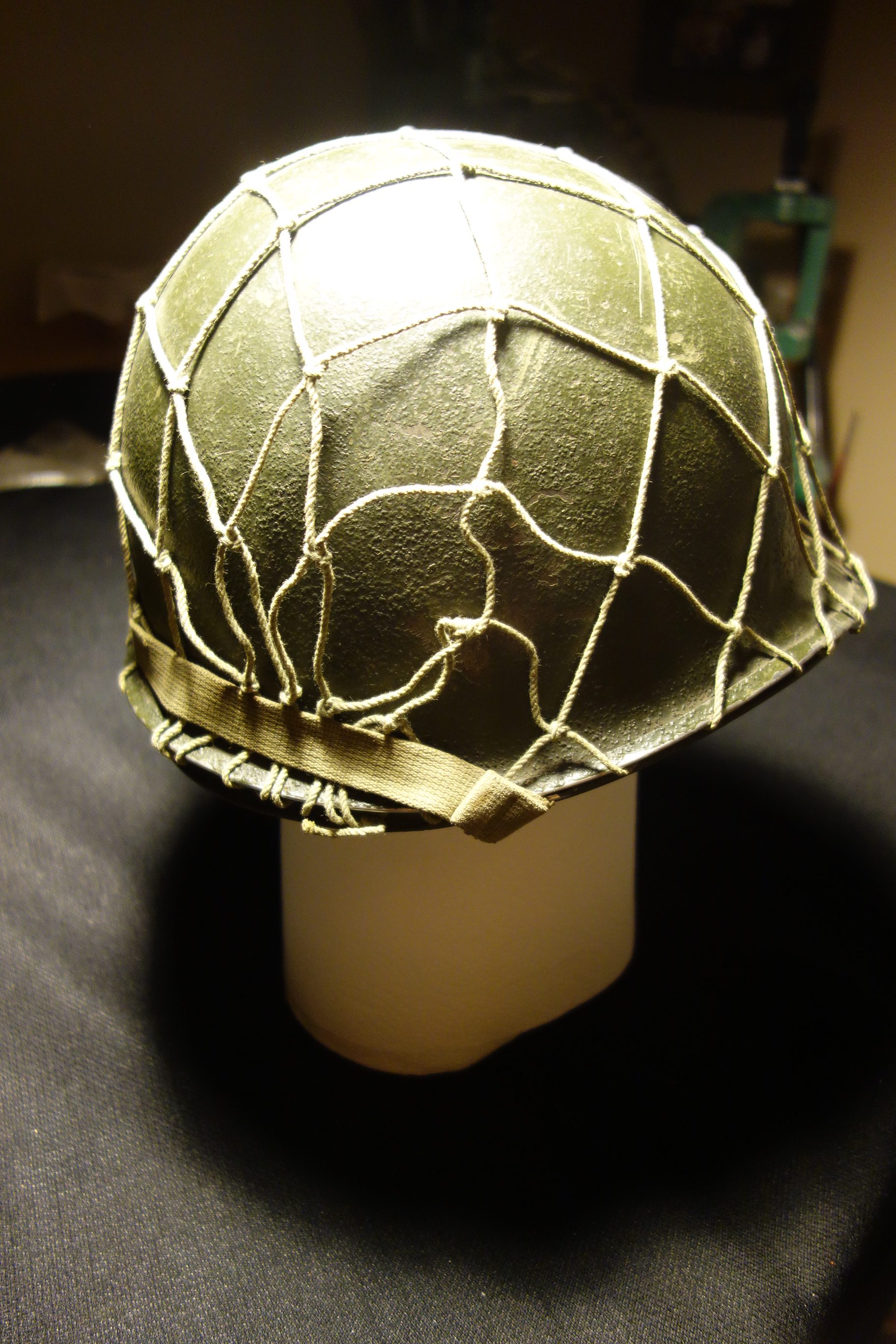 WW2 M1 Helmet w/ Netting- Early Fixed Bale with Soldier Id in